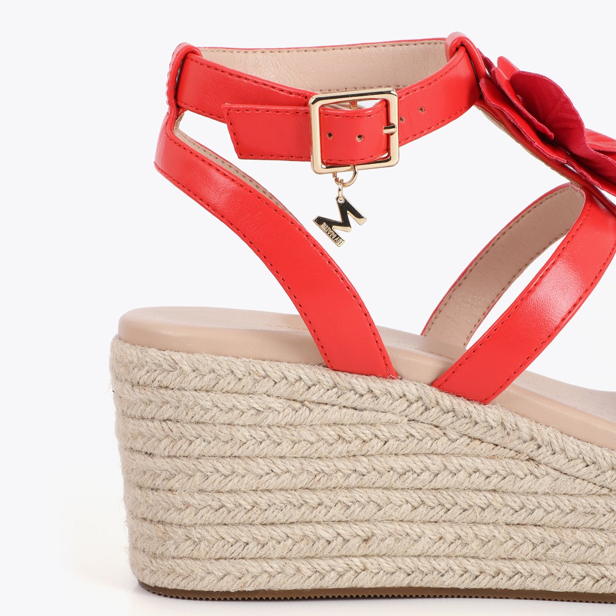 Sandales compensées à fleurs en relief rouge, LOLA CASADEMUNT