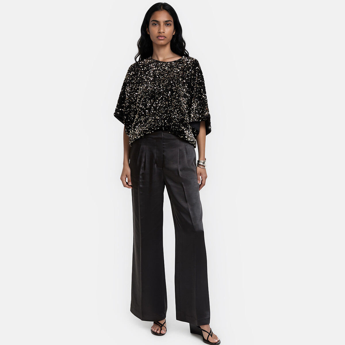 Pantalon large à pinces, en satin noir, LA REDOUTE COLLECTIONS