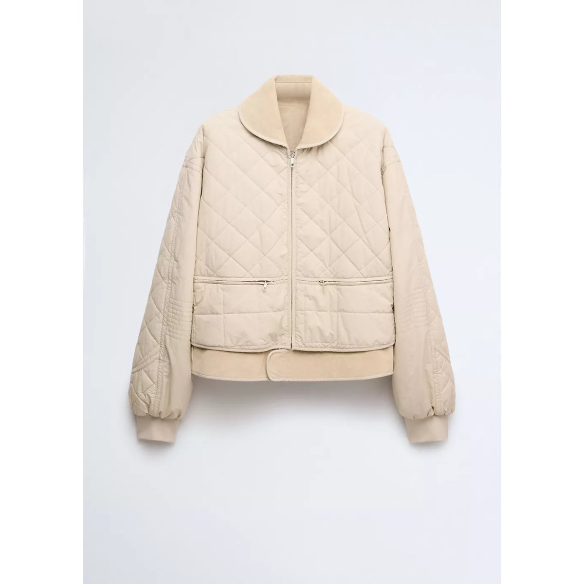Veste matelassée empiècement cuir beige, MANGO