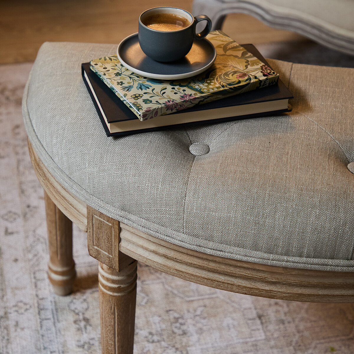 Claudette French-Vintage Linen Curved Footstool linen, VOYAGE MAISON