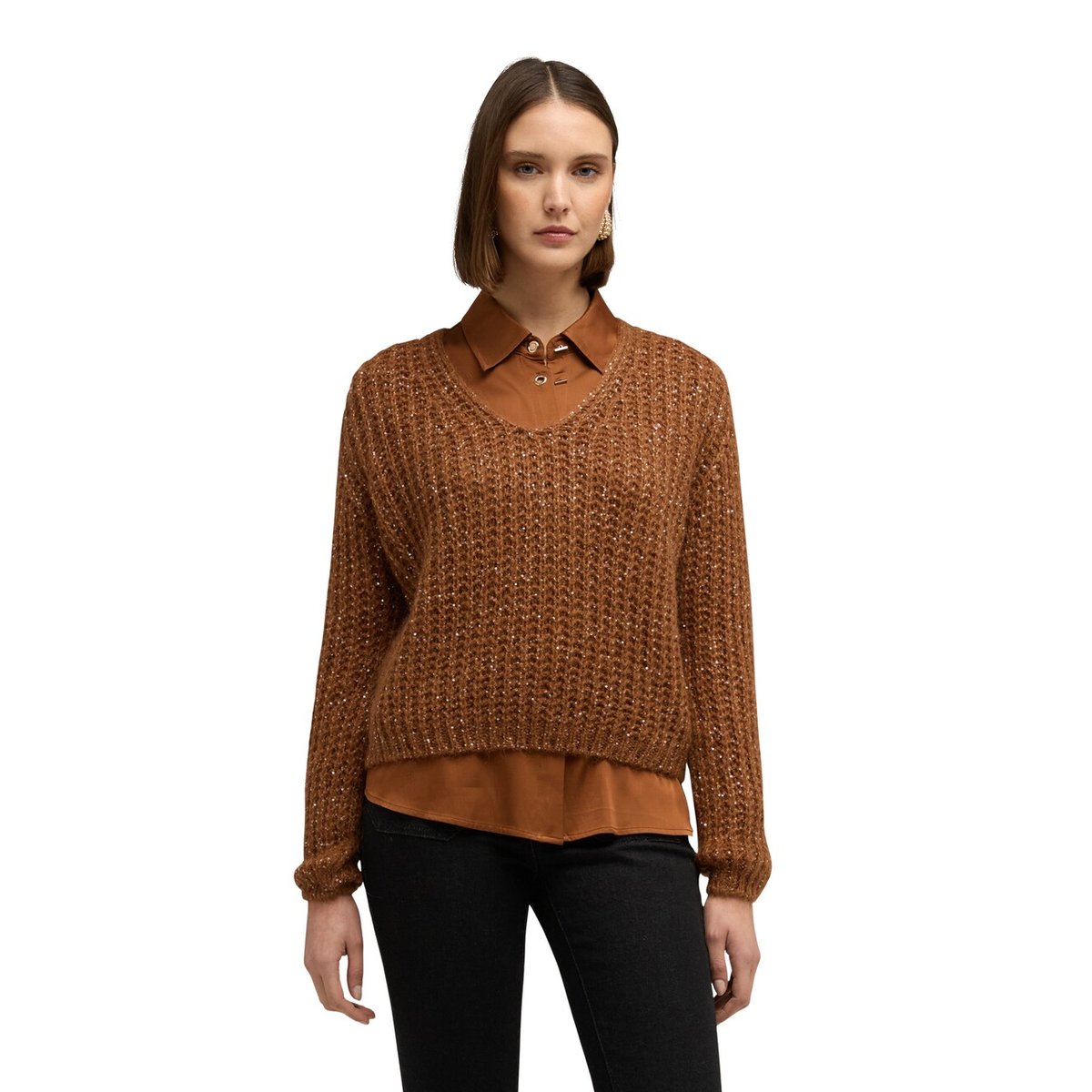 Maille à trame large avec paillettes marron, MOTIVI