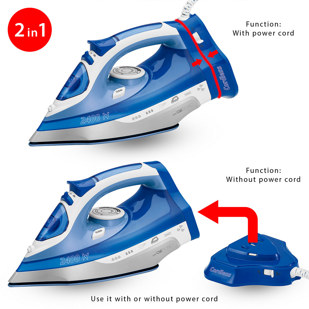 Ferro a vapor sem fios 2400 W, da Clatronic branco/azul, CLATRONIC