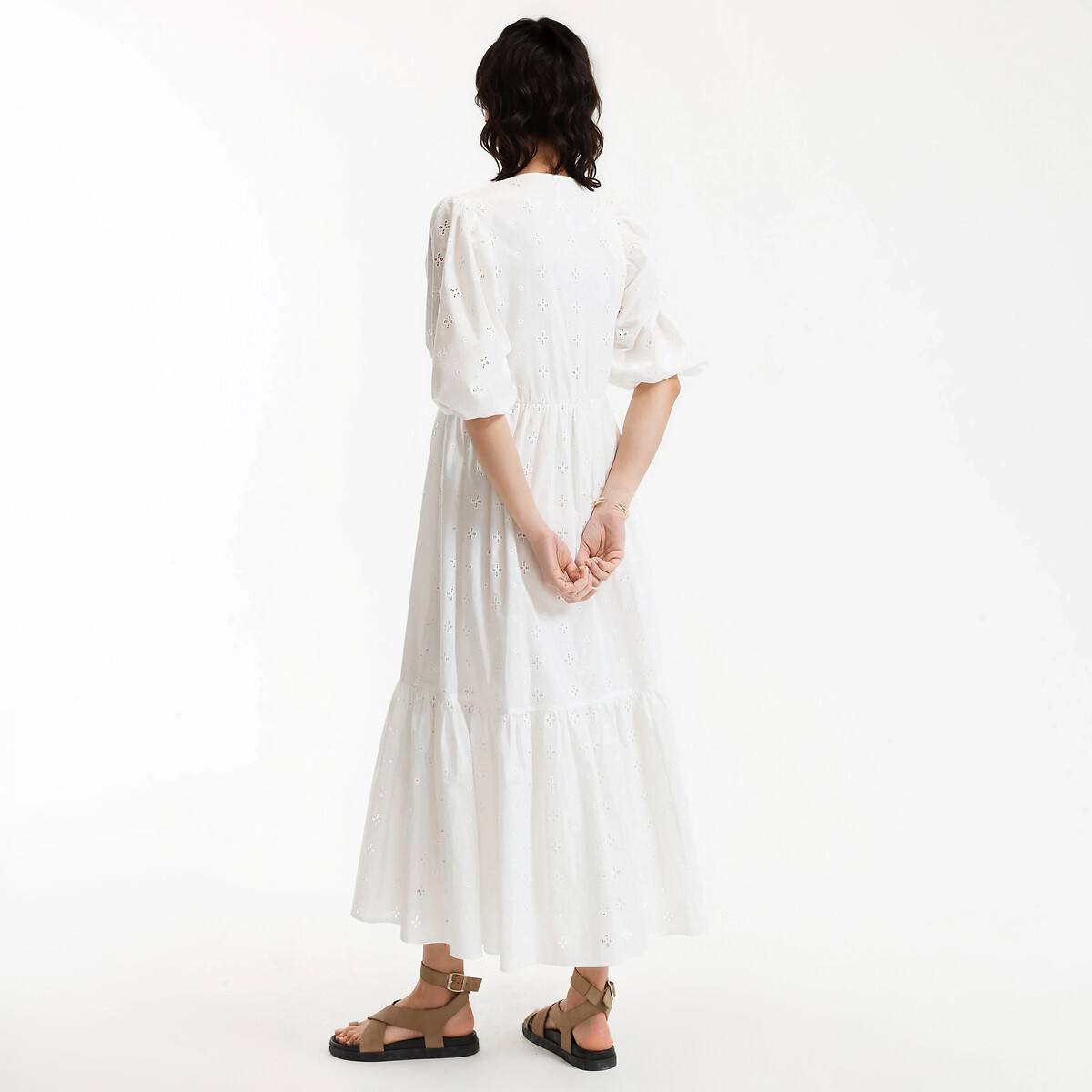 Robe longue en broderie anglaise col V blanc, LA REDOUTE COLLECTIONS
