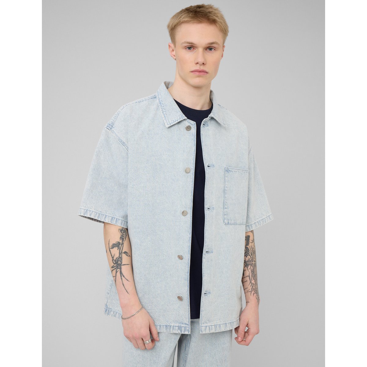 Chemise manches courtes rayée bleu clair, BZB