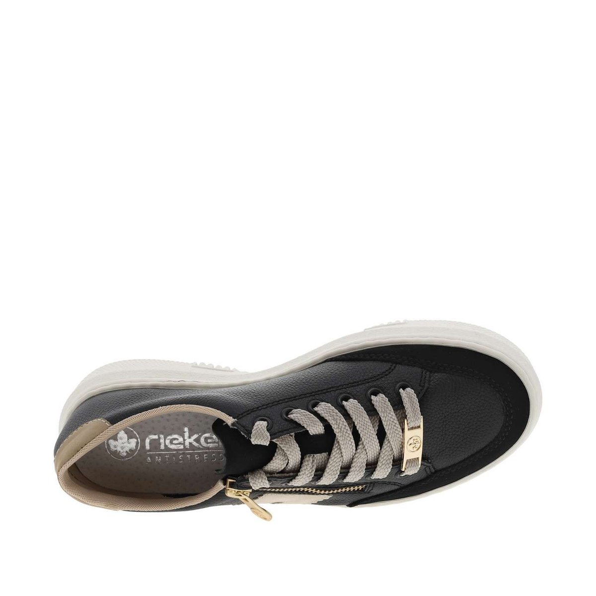 Tennis noir à talon plateau et à lacets plats avec fermeture zippée dorée noir, RIEKER