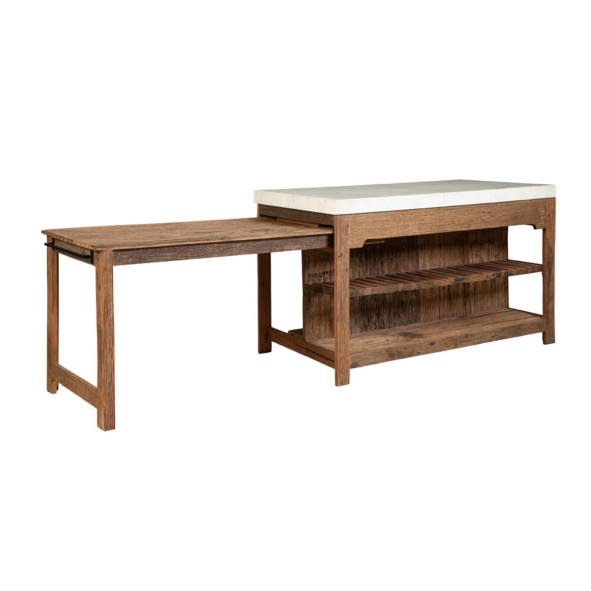 Ilot avec table extensible en bois recyclé et en marbre CAPUCINE bois foncé, MADE IN MEUBLES