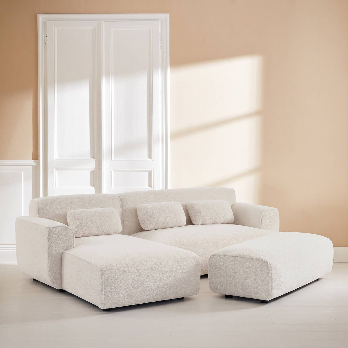 Pouf, repose-pieds pour canapé d'angle 3 places Wallas bouclette WALLAS crème, SWEEEK