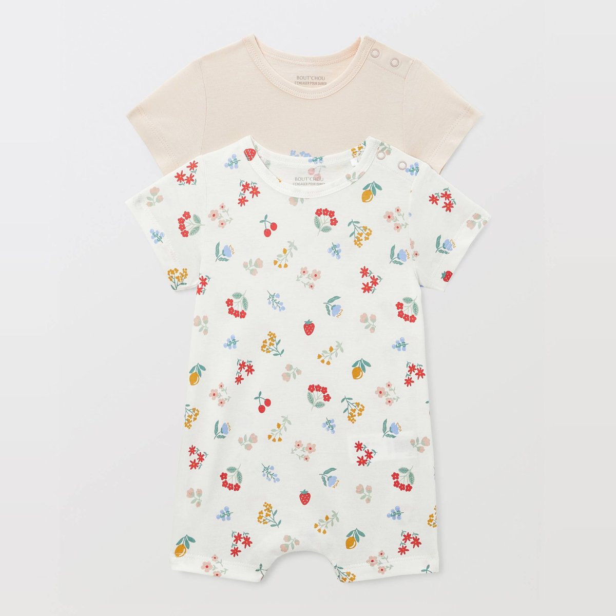 Lot de 2 combinaisons courtes imprimées en coton BIO GOTS rosee, BOUT'CHOU