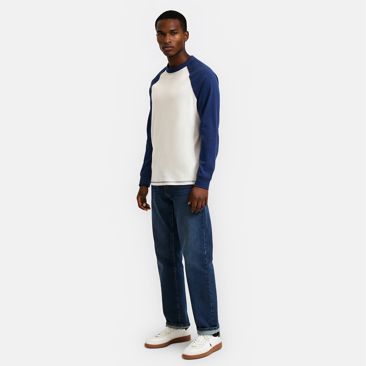 T-shirt girocollo maniche lunghe ecru + blu, LA REDOUTE COLLECTIONS