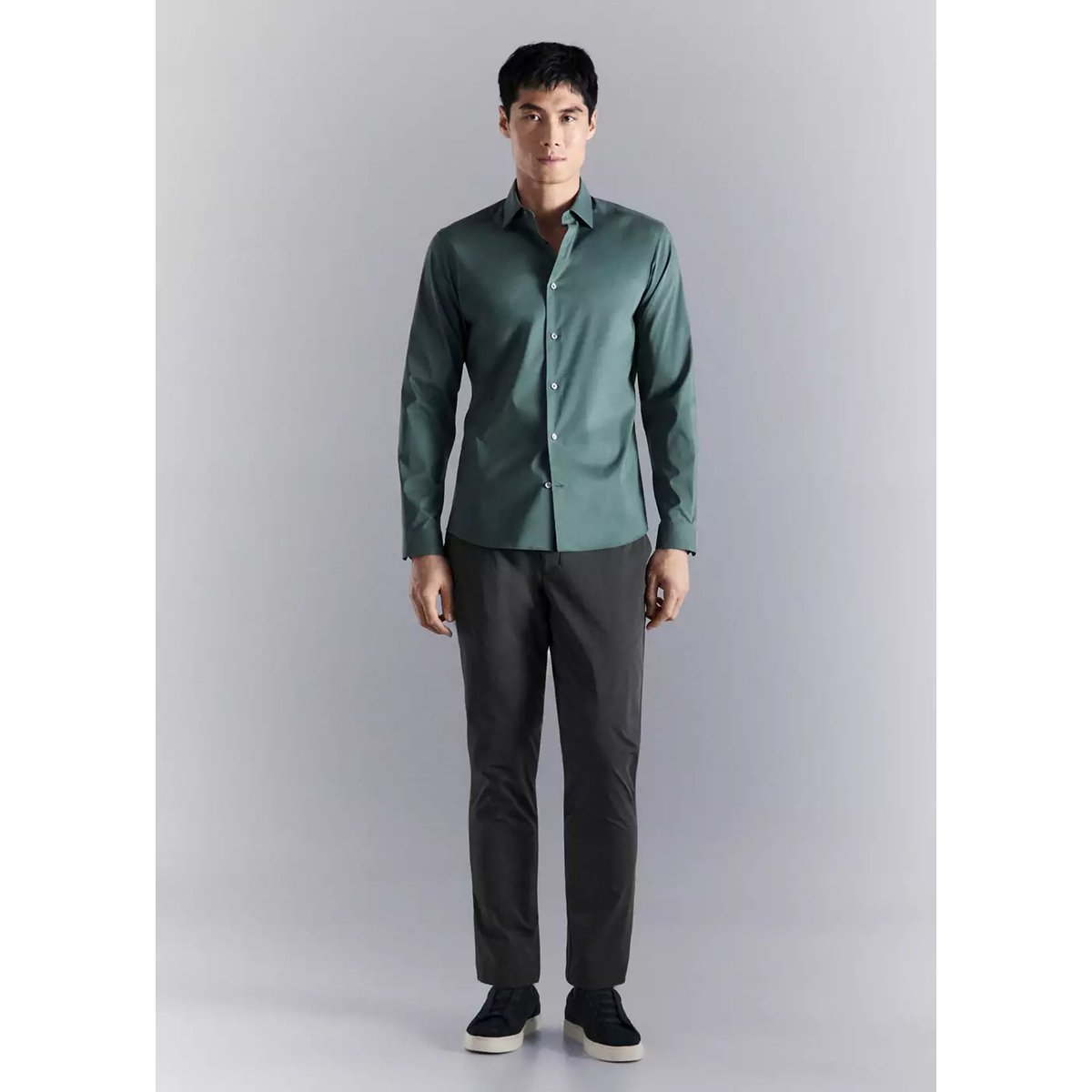 Chemise coton comfort stretch non-iron vert moyen, MANGO MAN