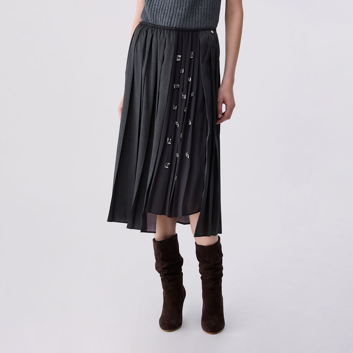 Jupe plissée avec broderies bijoux gris foncé, LIU JO