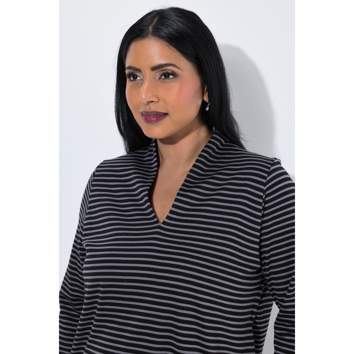 T-shirt, rayé, col jabot, manches 3/4 noir, ULLA POPKEN