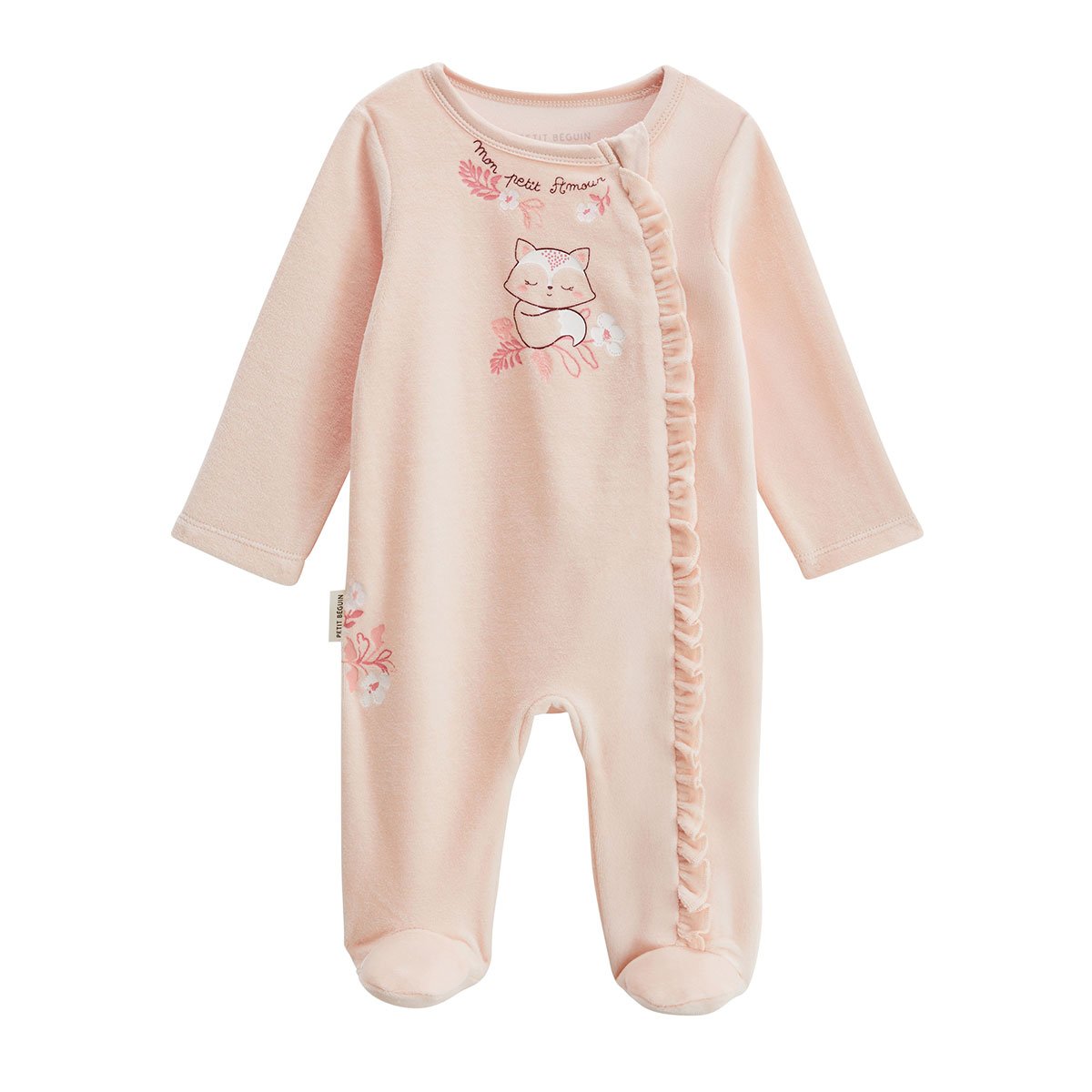 Pyjama bébé en velours ouverture zippée Louison rose, PETIT BEGUIN