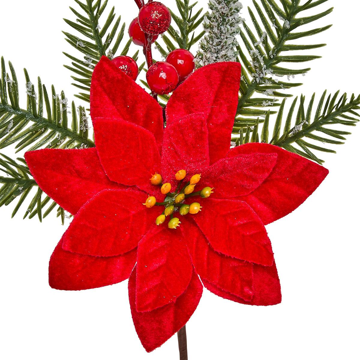 Branche décorative de Noël poinsettia et baies H. 30 cm rouge, FEERIC LIGHTS & CHRISTMAS