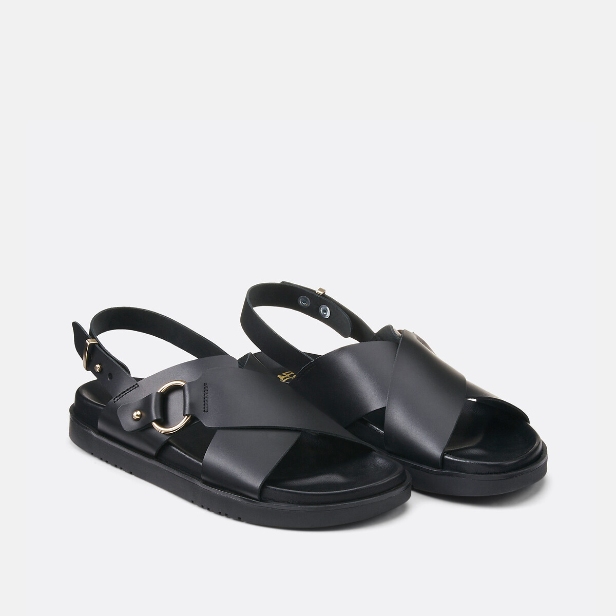 Sandales croisées en cuir lisse noir, LA REDOUTE COLLECTIONS