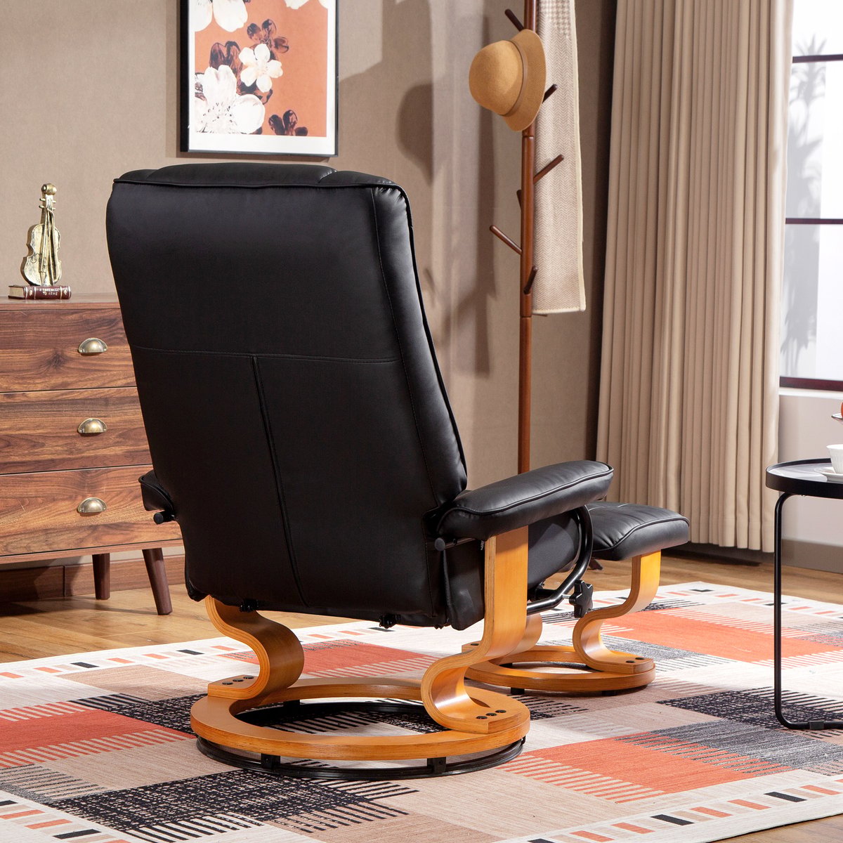 Fauteuil inclinable avec repose-pieds noir, effet bois naturel, HOMCOM