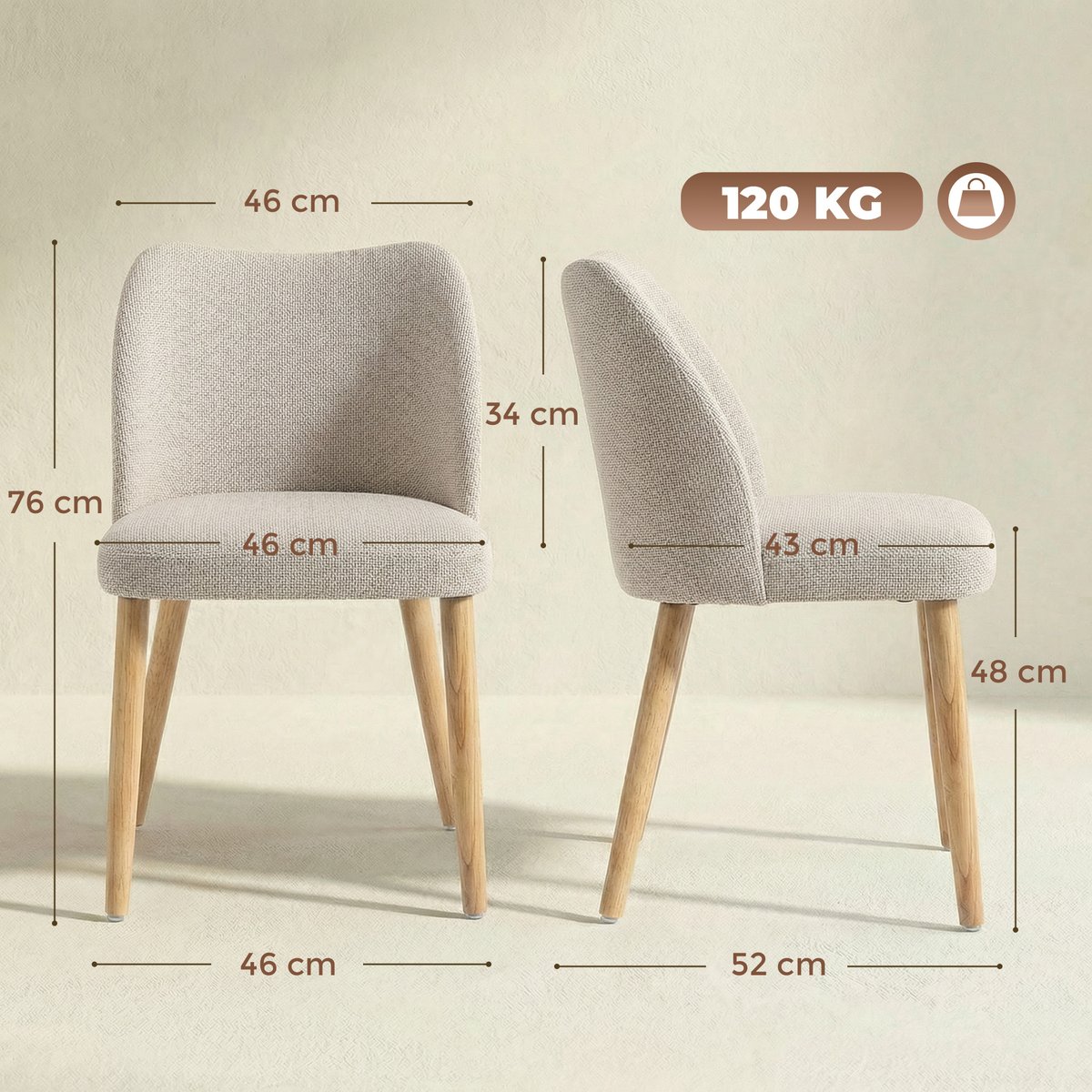 Chaise de salle à manger Lin (100 % crème, bois clair, HOMCOM