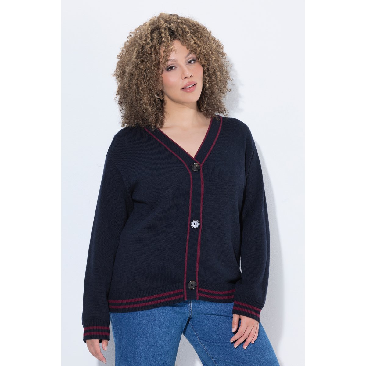 Cardigan en laine mélangée, rayures marine, ULLA POPKEN