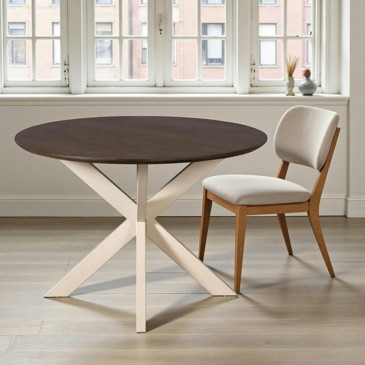 Table ronde 4 personnes bois/métal CORTINA marron / ecru, PIER IMPORT