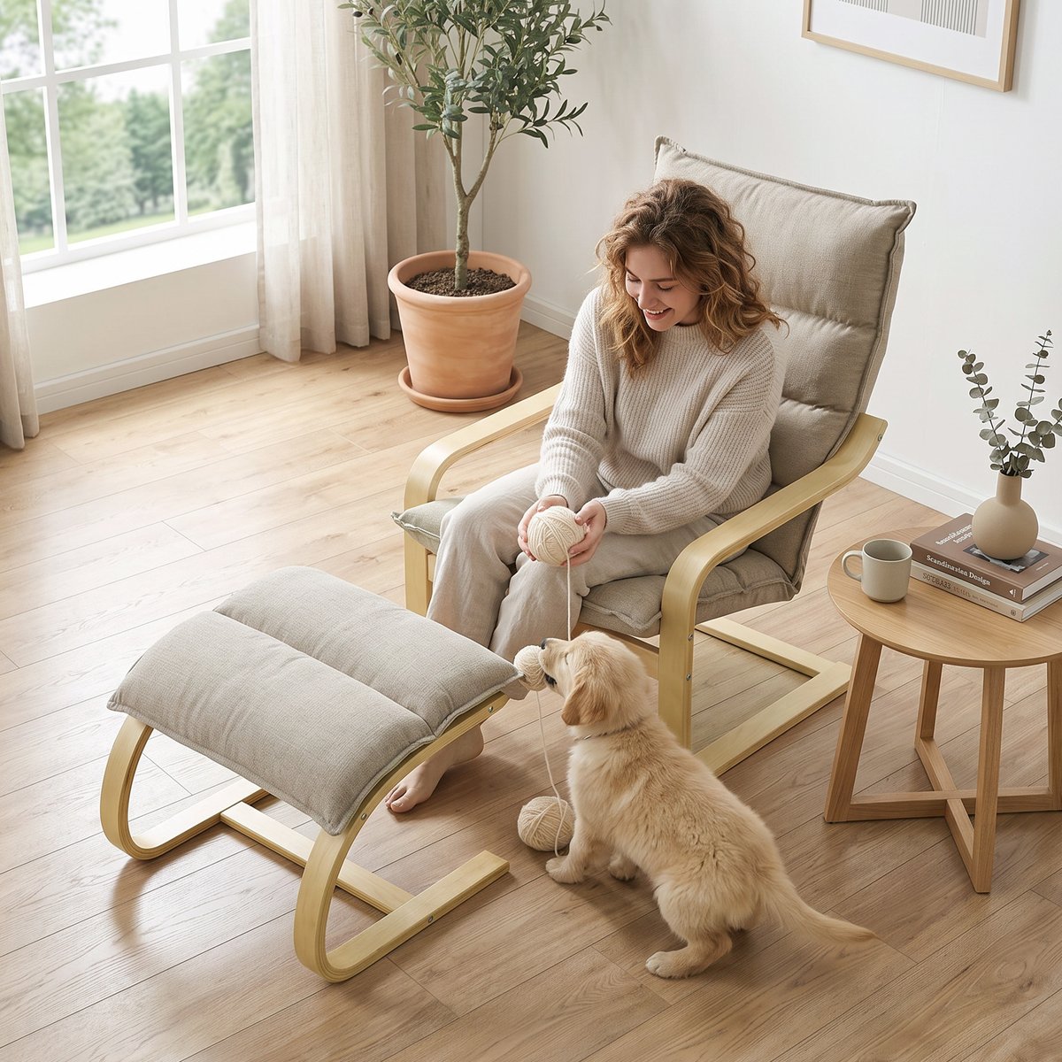 Fauteuil d'appoint avec repose-pieds Lin beige, HOMCOM
