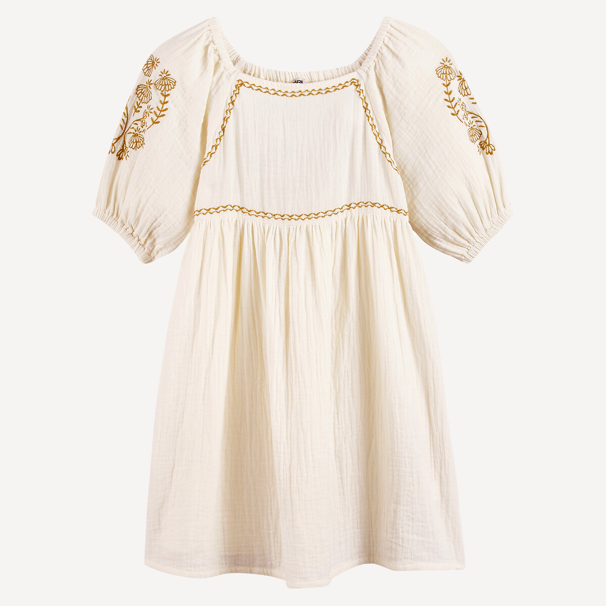 Embroidered Cotton Muslin Dress with Short Sleeves ecru , LA REDOUTE COLLECTIONS