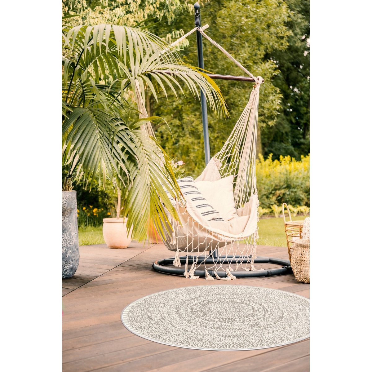 Tapis rond intérieur extérieur style ethnique TRIBAL beige sable, AFK LIVING