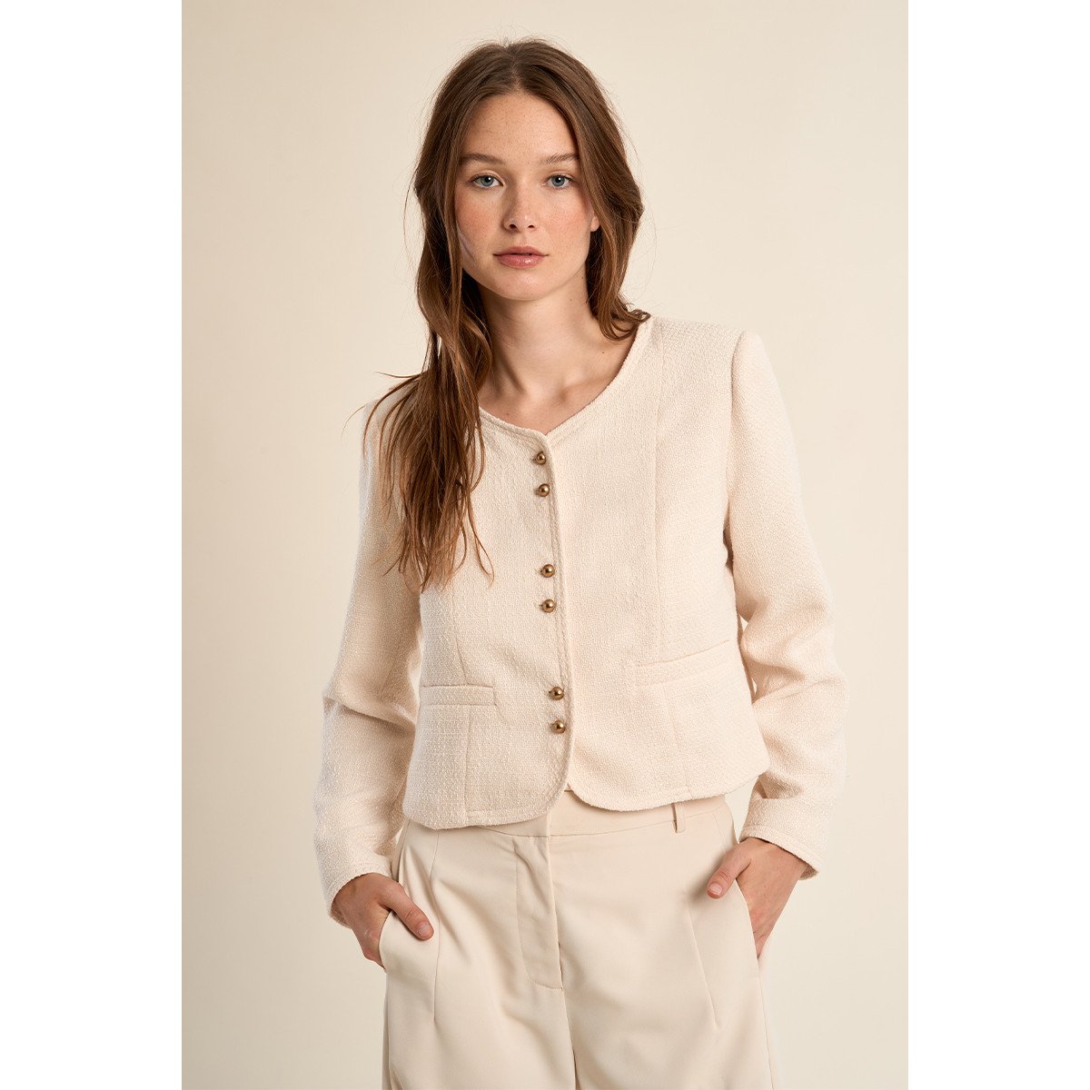 Veste courte, en tweed offwhite, MOLLY BRACKEN