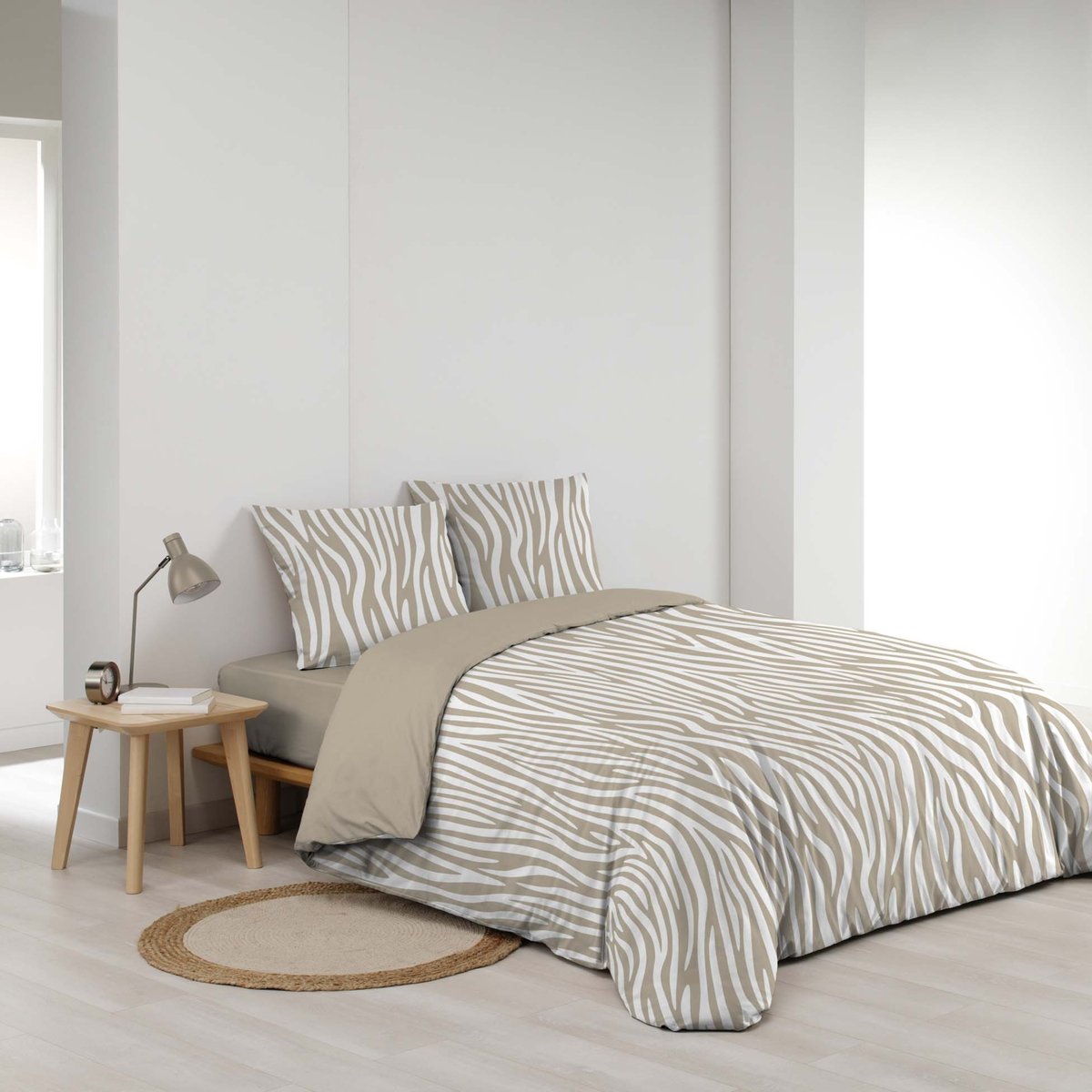 Parure de lit 3 pièces 100 % coton imprimé zèbre housse + taies naturel, DOUCEUR D'INTÉRIEUR