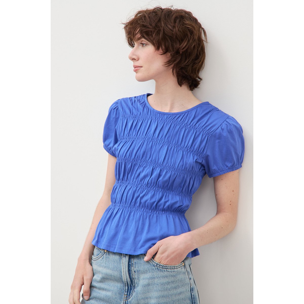 T-shirt froncé col rond manches courtes bleu electrique, BONOBO
