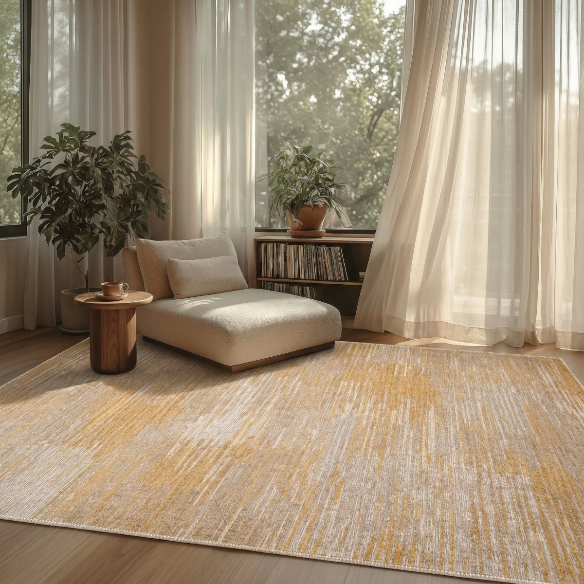 Tapis moderne tissé plat texture linéaire ANNE LINEAIRE ocre beige linéaire, THE DECO FACTORY