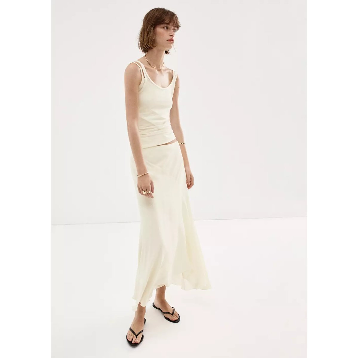Jupe midi asymétrique blanc cassé, MANGO