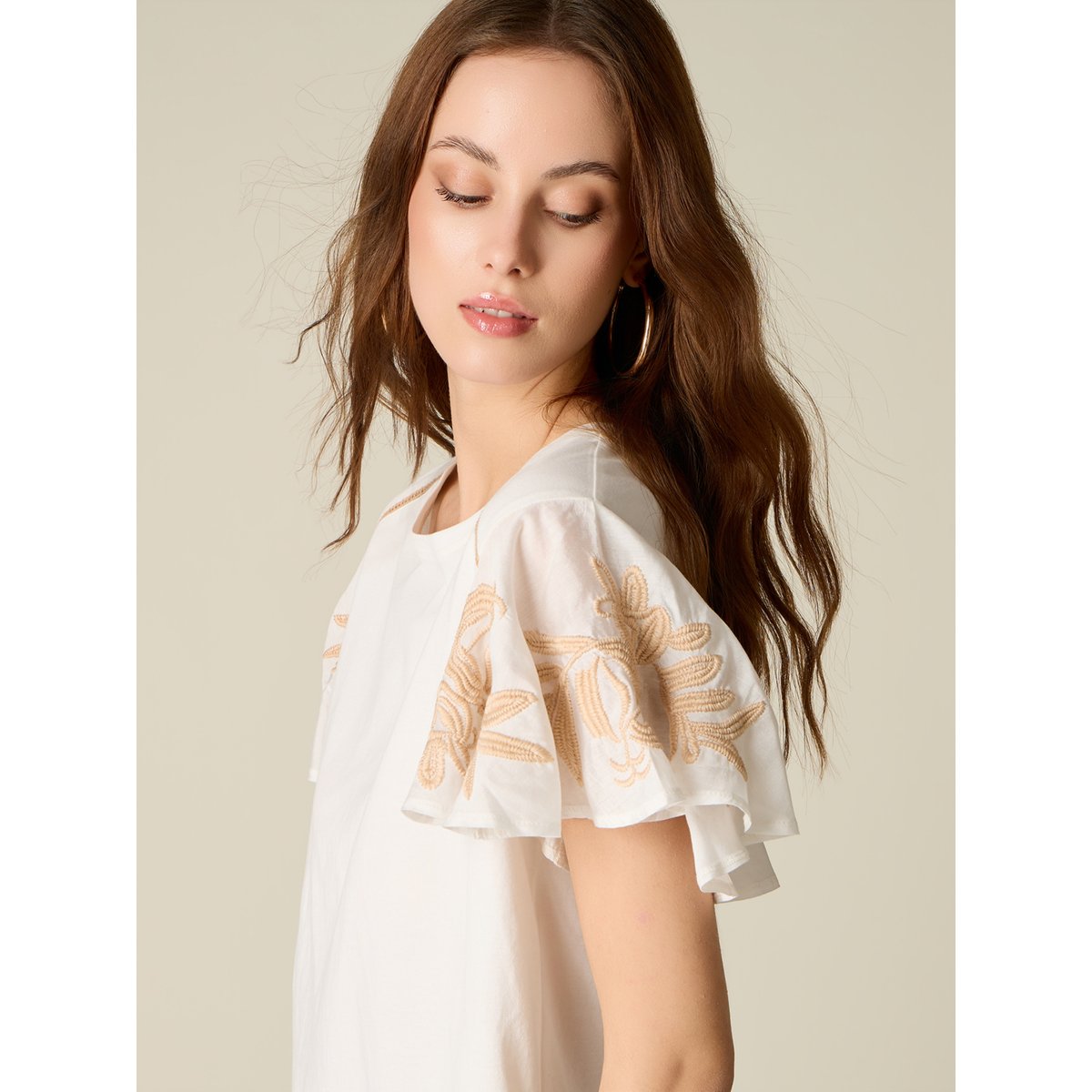 T-shirt con maniche ricamate blanc, OLTRE