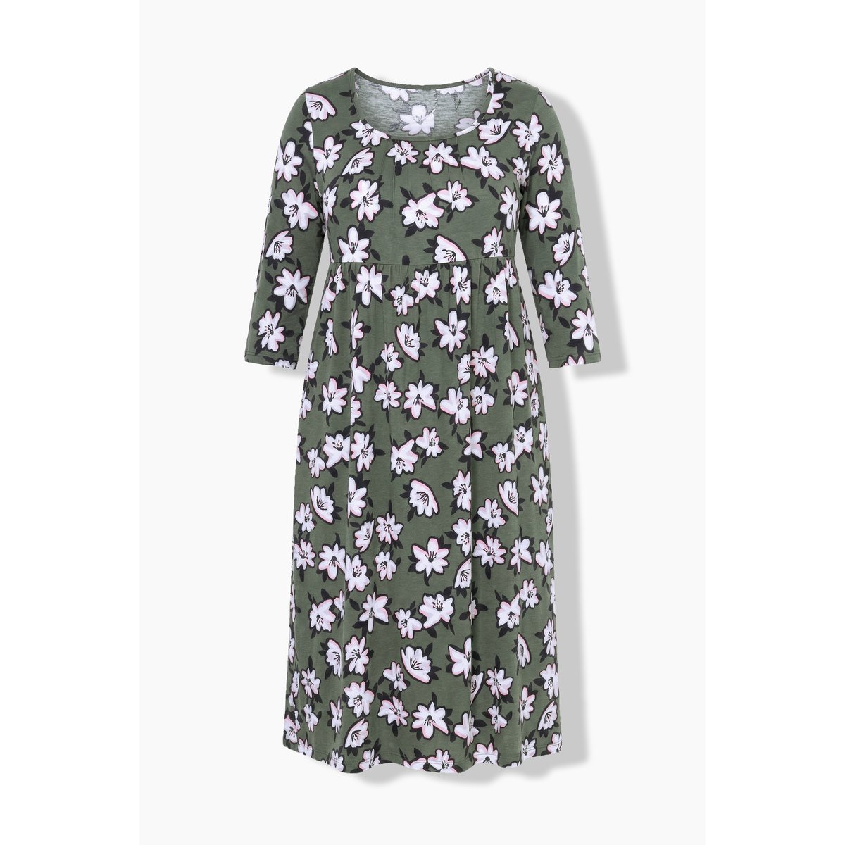 Robe longue, fleurs, encolure carrée gris olive, ULLA POPKEN