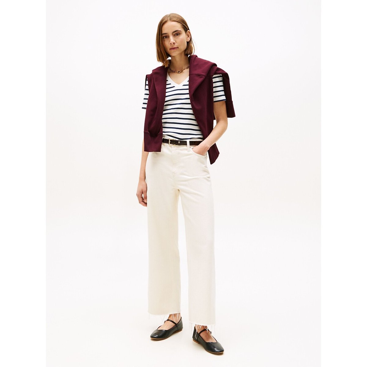 V-Neck T-Shirt with Short Sleeves ecru/navy striped, TOMMY HILFIGER