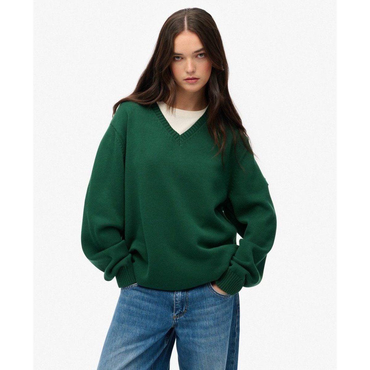 Pull Col V Oversize vert foncé, SUPERDRY