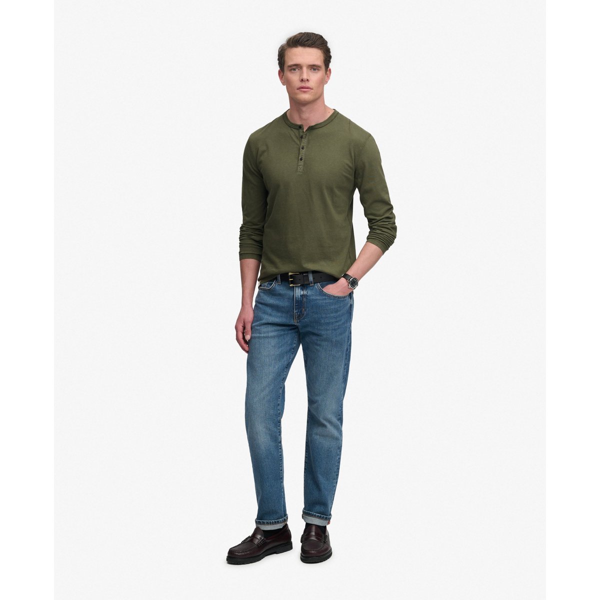 T-shirt Henley manches longues en jersey slub vert scarabée, SUPERDRY