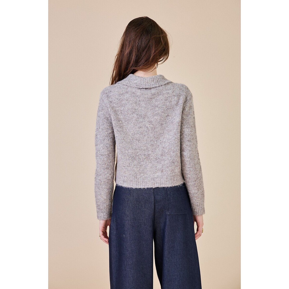Zip-Up Cardigan with Polo Collar camel, SEE U SOON