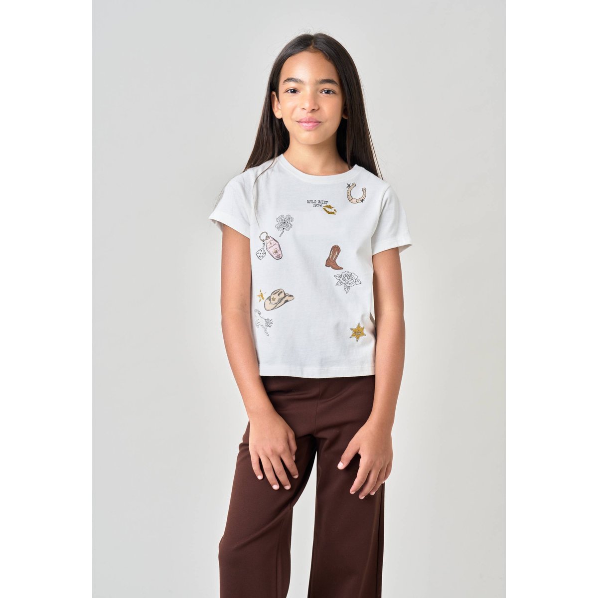 T-shirt regular fille en 100% coton jersey imprimé western COWGIRL blanc cassé, DEELUXE