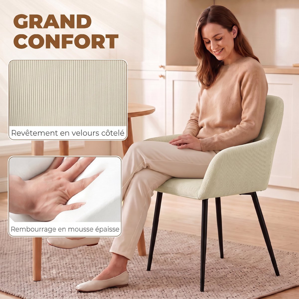 Chaise de salle à manger Velours côtelé (100 crème, noir, HOMCOM