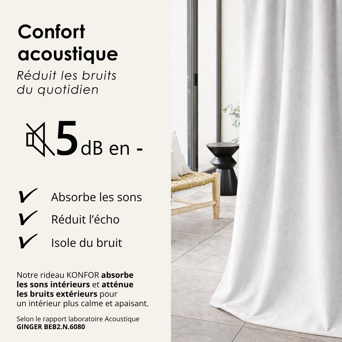 Rideau thermique phonique et semi occultant KONFOR - QABANE blanc cassé, HOME MAISON