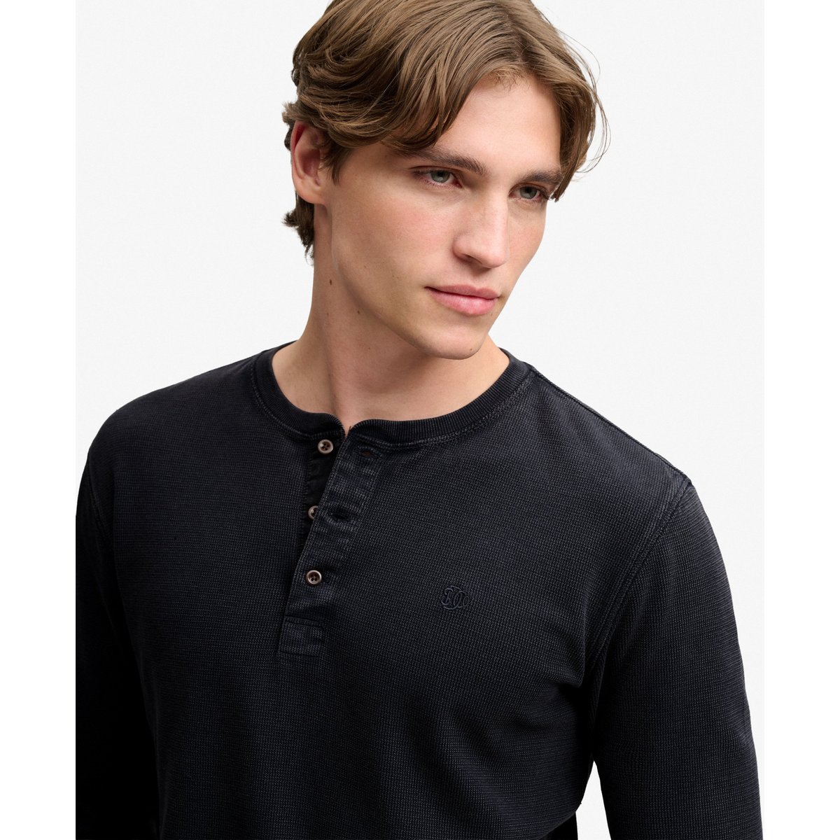Haut Henley à Manches Longues en Maille Gaufrée bleu français, SUPERDRY