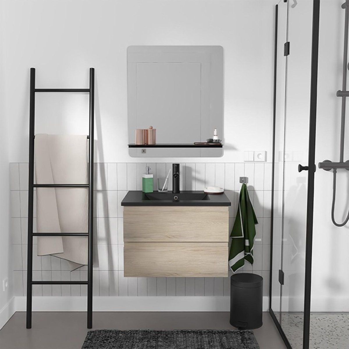 Meuble simple +vasque+robinet+miroir SORRENTO décor chêne (vasque noire), MOB IN