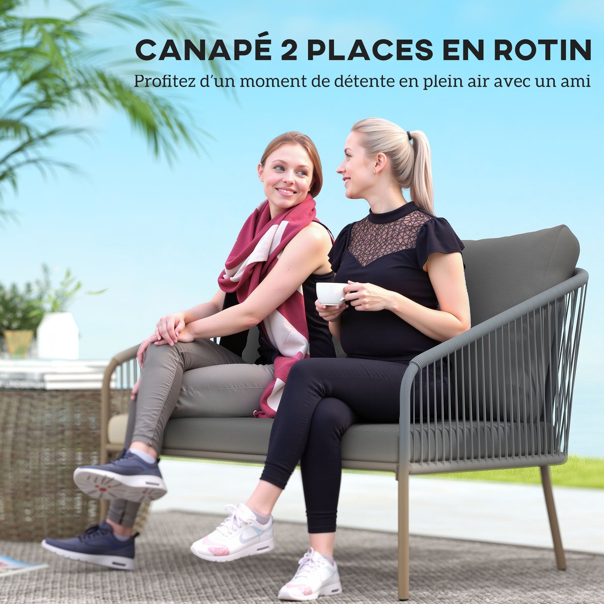 Canapé de jardin 2 places BOHEMYAN gris, OUTSUNNY