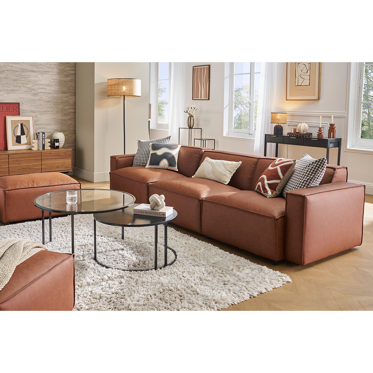 Canapé modulable 4 places en tissu effet velours texturé beige SPLIT marron, MILIBOO