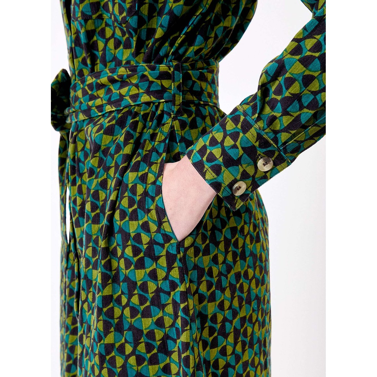 Robe midi chemisier velours côtelé LOUISON vert forêt, PRINCESSE NOMADE