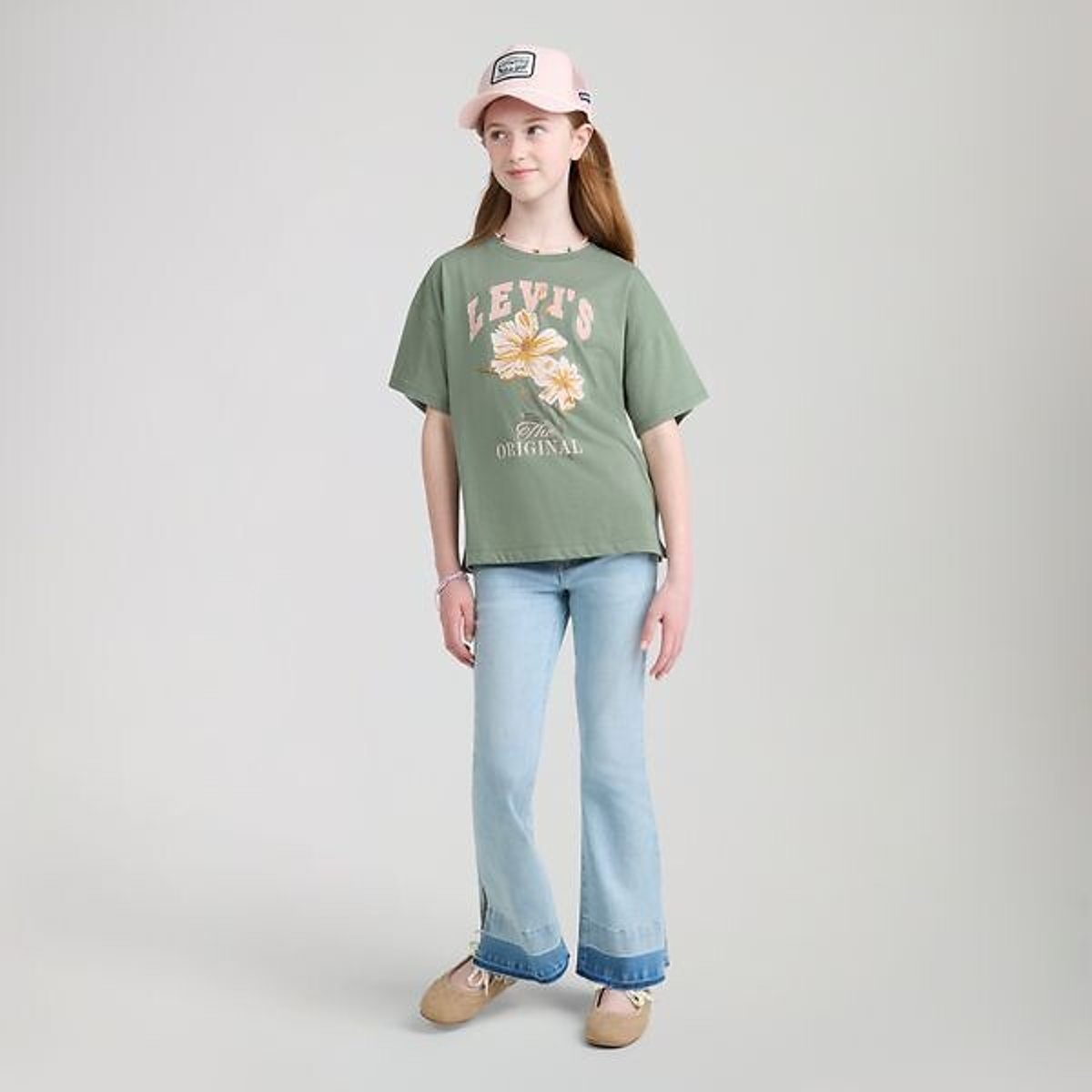 T-shirt manches courtes, coupe oversize, imprimé fleurs devant kaki, LEVI'S KIDS