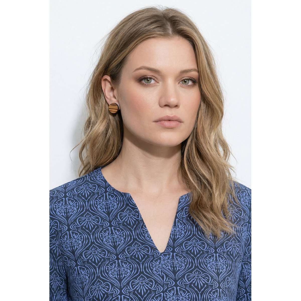 Blouse longue à plis godets, col tunisien marine, ULLA POPKEN