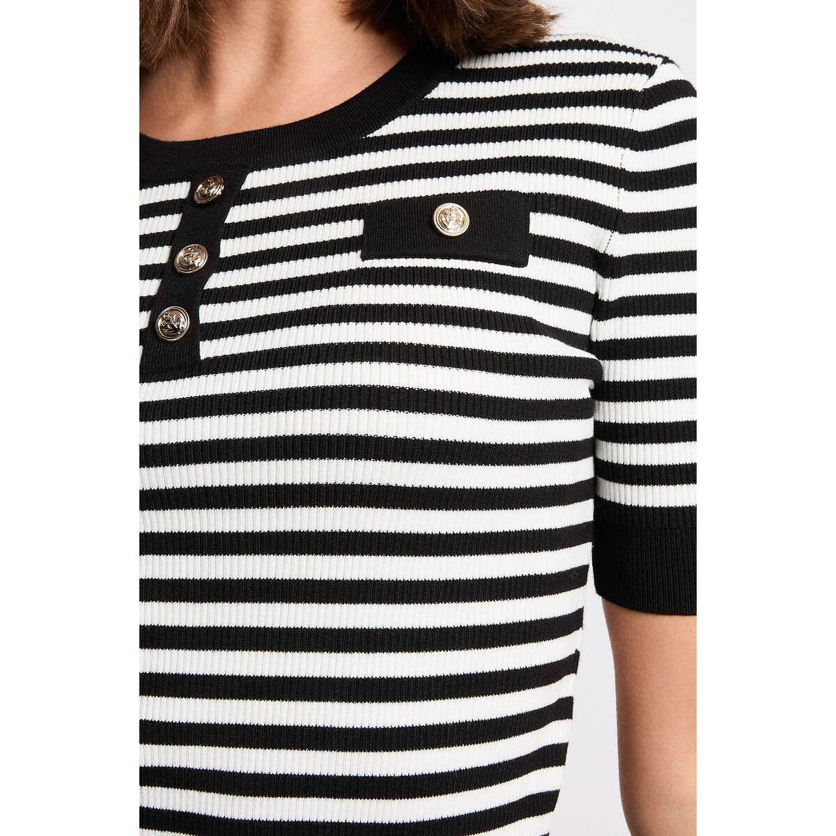Striped Short Sleeve Crew Neck Jumper black striped/white, MORGAN