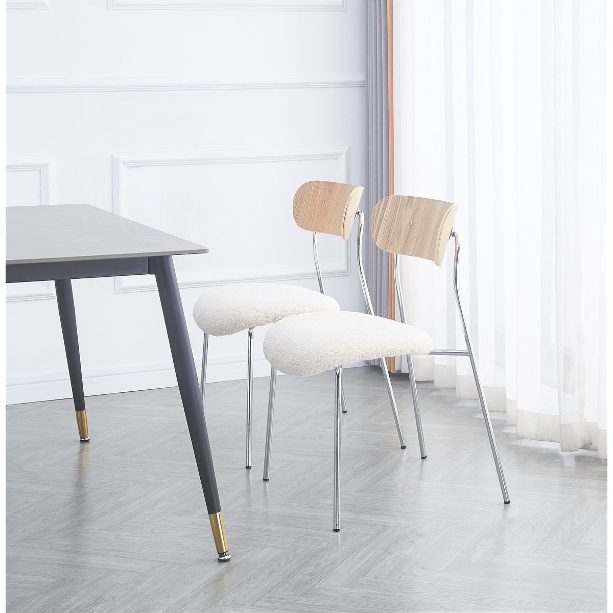Lot de 2 chaises métal et bouclette, LINCOLN blanc, NORDLYS