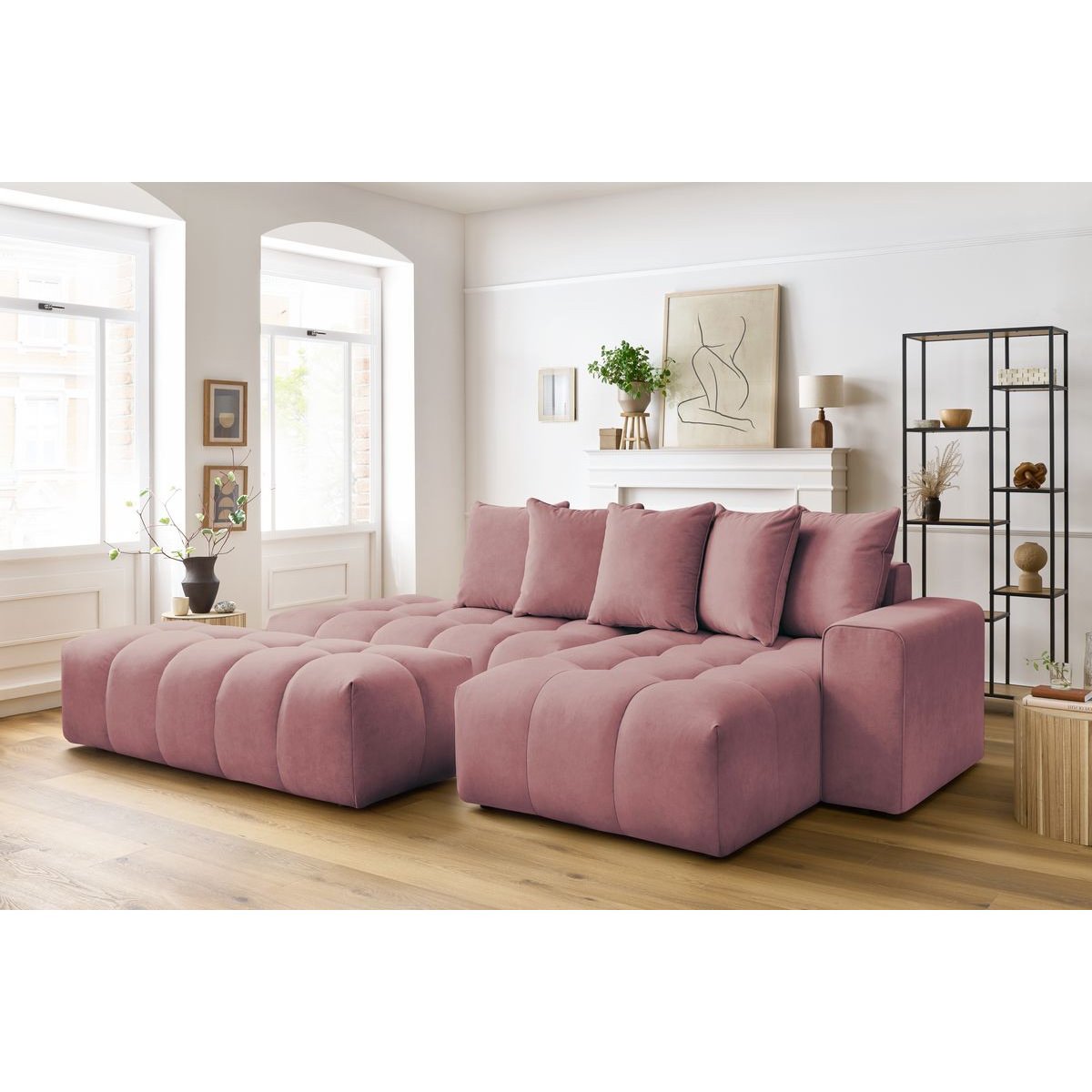 Canapé d'angle fixe 4 places en velours avec pouf, MONT-BLANC rose, BOBOCHIC